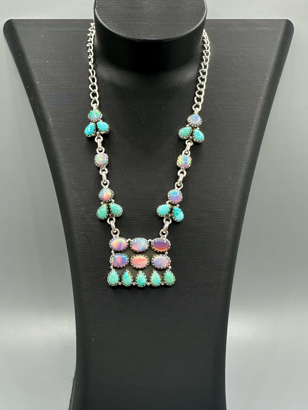 🔥 Aurora Opal & Turquoise Sterling Silver 925 Necklace Handmade